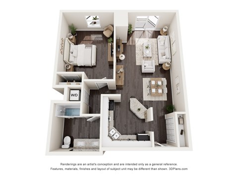 Floor plan for 1 bed, 1 bath, 857 sqft